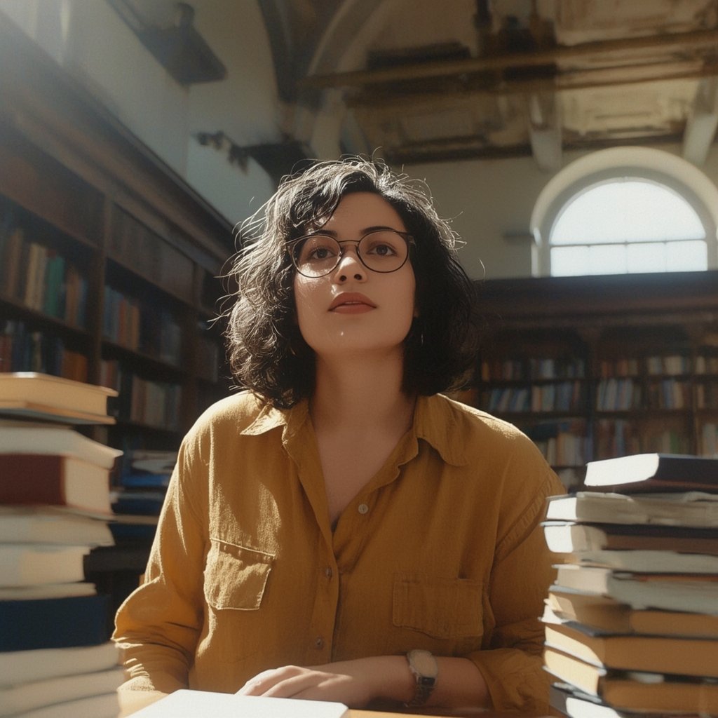Estudante em biblioteca estudando para concurso público sem cursinho usando livros e estudo independente.