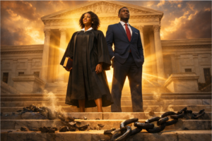 Imagem mostra duas pessoas negras em imagem de sucesso. Uma mulher com toga de juiza e um homem de terno e gravata em sinal de vitória alcançada como se estivessem no topo de uma escada.