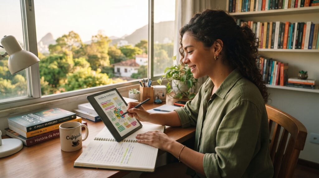 Uma mulher parda de cabelos cacheados escuros está sentada à escrivaninha em frente a uma janela, sorrindo enquanto usa uma caneta stylus para fazer anotações em um e-reader e um caderno, com livros e uma xícara de café ao lado.
